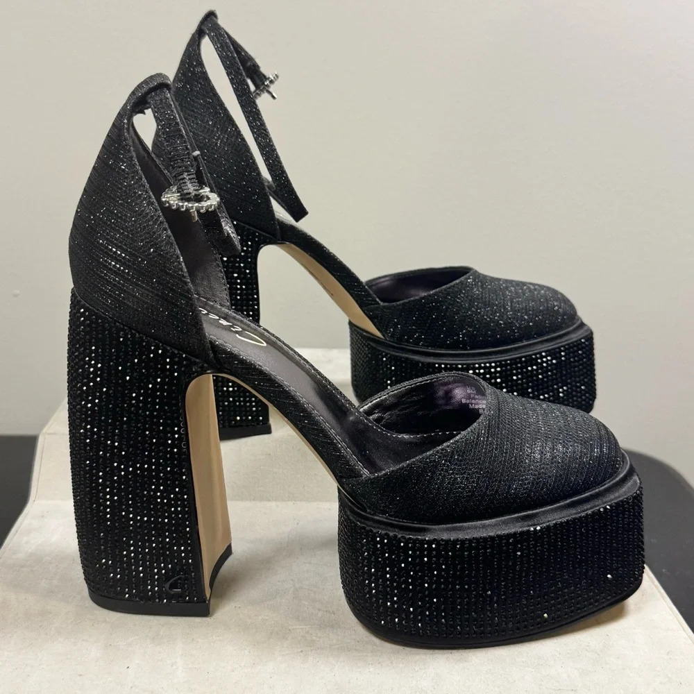 Circus by Sam Edelman Black Glitter Platform Ankle-Strap Heels - Picture 2 of 16